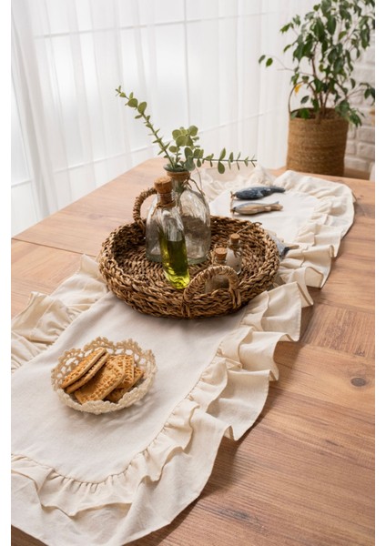 Bej Keten Vintage Runner, Çift Fırfırlı, 40X110 cm Şık ve Doğal Dekoratif Ürün