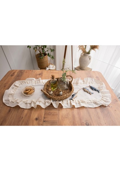 Bej Keten Vintage Runner, Çift Fırfırlı, 40X110 cm Şık ve Doğal Dekoratif Ürün fiyatları