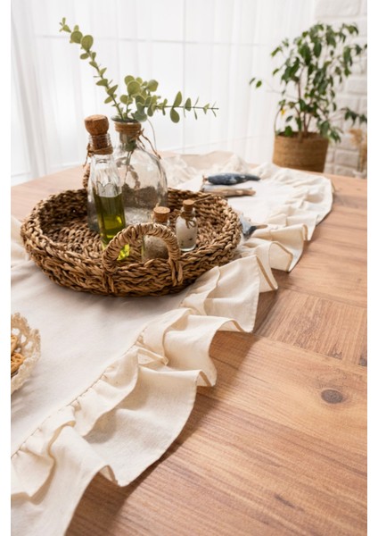 Bej Keten Vintage Runner, Çift Fırfırlı, 40X110 cm Şık ve Doğal Dekoratif Ürün modelleri