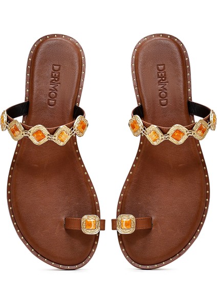 Kadın Kahverengi Parmak Arası Taşlı Deri Terlik 25sfd483314