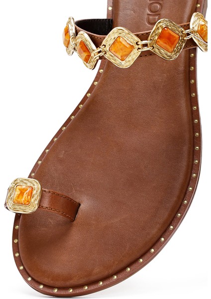 Kadın Kahverengi Parmak Arası Taşlı Deri Terlik 25sfd483314