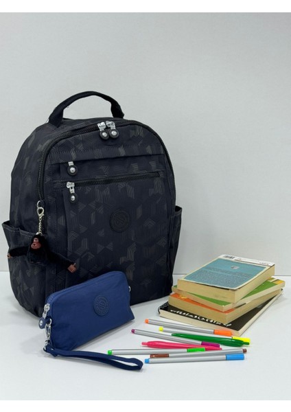 Unisex Suya Dayanıklı Krinkıl Kumaş Laptop Bölmeli Sırt Çantası ve Askılı Kalemlik