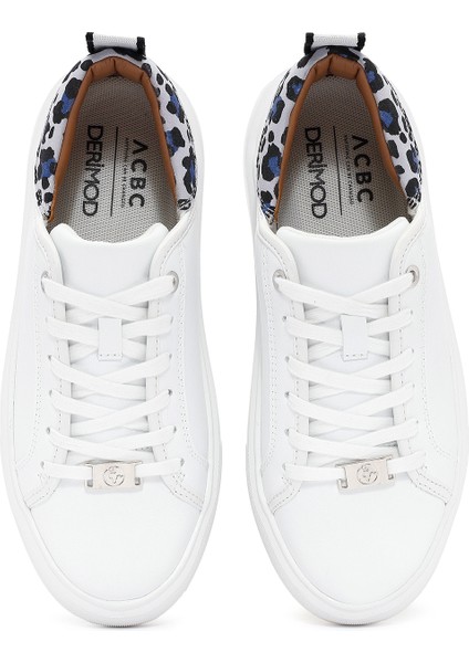 Acbc x Derimod Kadın Beyaz Bağcıklı Leopar Detaylı Sneaker 25SFD435014