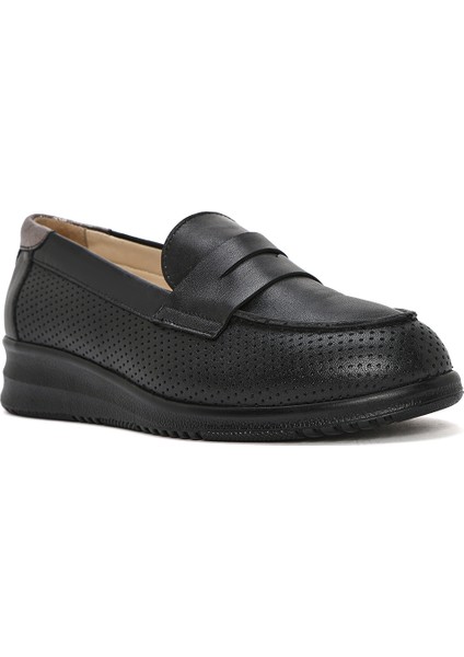 Kadın Siyah Dolgu Topuklu Deri Comfort Loafer 25SFD411318