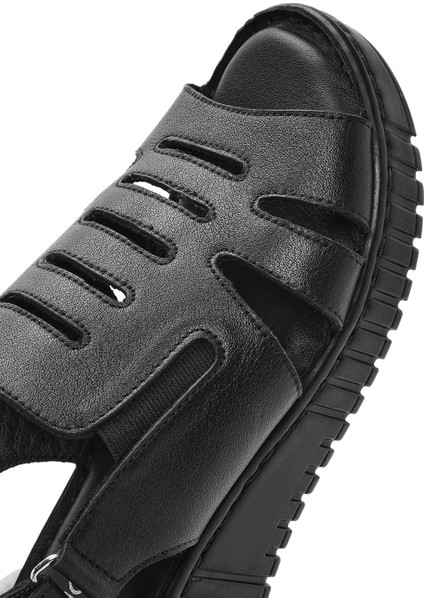 Kadın Siyah Kalın Tabanlı Deri Comfort Sandalet 25SFD410618