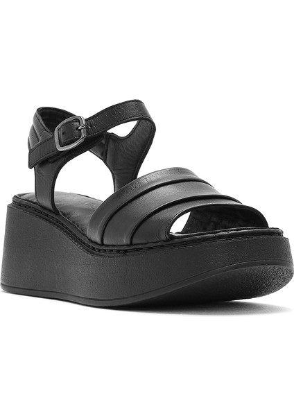 Kadın Siyah Kalın Tabanlı Deri Comfort Sandalet 25SFD340918