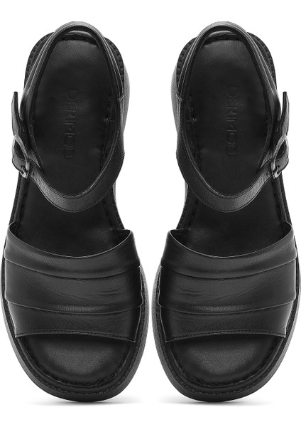 Kadın Siyah Kalın Tabanlı Deri Comfort Sandalet 25SFD340918