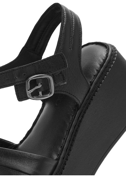 Kadın Siyah Kalın Tabanlı Deri Comfort Sandalet 25SFD340918
