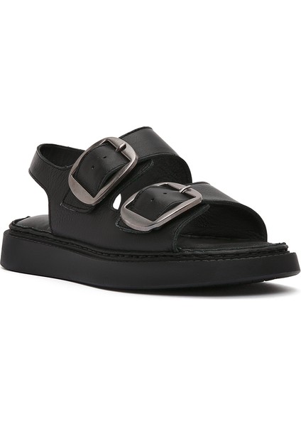 Kadın Siyah Kalın Tabanlı Deri Comfort Sandalet 25SFD340718
