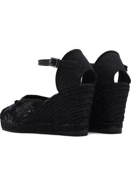 Kadın Siyah Bilekten Bantlı Desenli Dolgu Topuklu Espadril 25SFD20756F