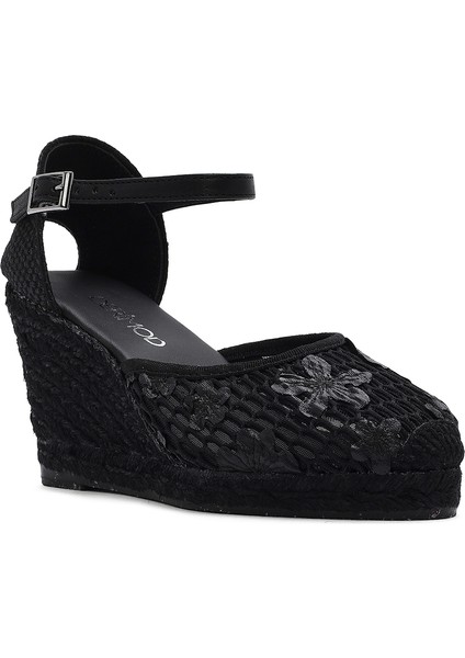 Kadın Siyah Bilekten Bantlı Desenli Dolgu Topuklu Espadril 25SFD20756F