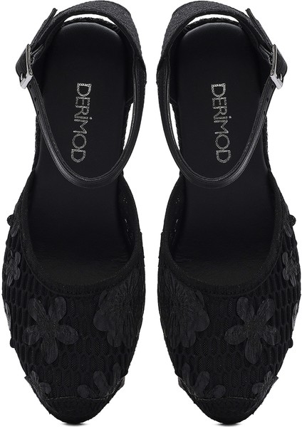 Kadın Siyah Bilekten Bantlı Desenli Dolgu Topuklu Espadril 25SFD20756F