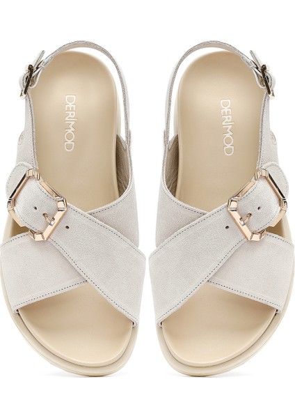 Kadın Bej Tokalı Süet Deri Sandalet 25SFD350910