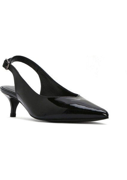 Kadın Siyah Arkası Açık Kısa Topuklu Rugan Deri Ayakkabı 25SFD230516