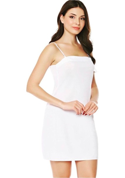 Kadın Beyaz Elbise Içi Boydan Astar Ince Ayarlanabilir Askılı Düz Kombinezon Q1003