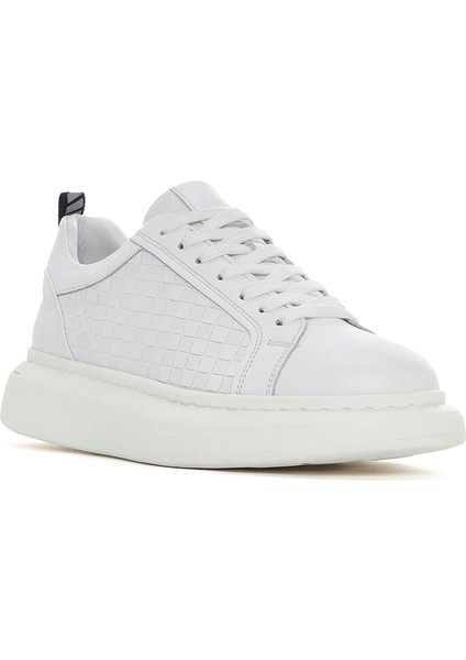 Erkek Beyaz Bağcıklı Kalın Tabanlı Deri Sneaker 25SFD641418