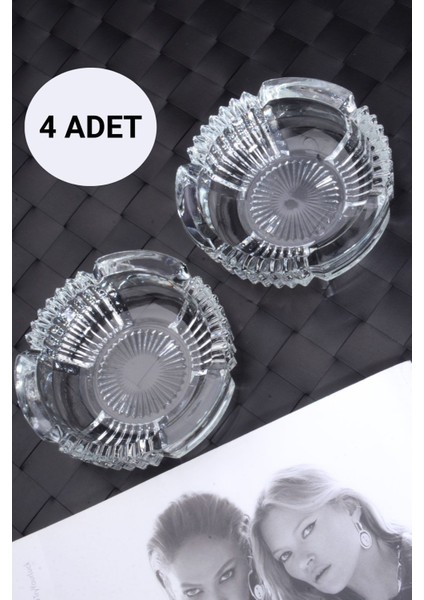 4 Adet Şeffaf Cam Kristal Lüks Küllük ve Kül Tablası, Yuvarlak Tasarım