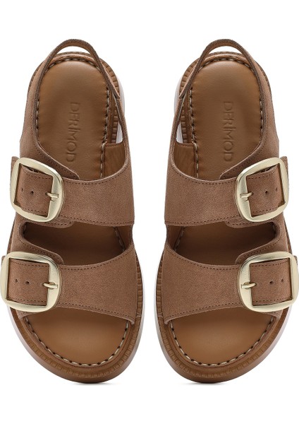 Kadın Pudra Kalın Tabanlı Tokalı Süet Deri Comfort Sandalet 25SFD340710