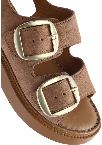 Kadın Pudra Kalın Tabanlı Tokalı Süet Deri Comfort Sandalet 25SFD340710