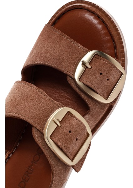 Kadın Pudra Kalın Tabanlı Tokalı Süet Deri Comfort Sandalet 25SFD340710