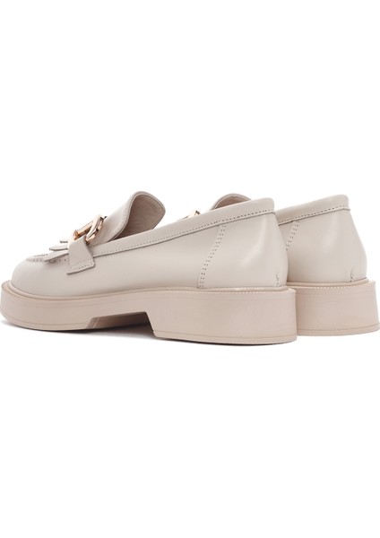 Kadın Krem Püsküllü Deri Casual Loafer 25SFD220018
