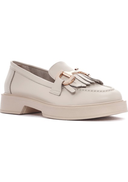 Kadın Krem Püsküllü Deri Casual Loafer 25SFD220018