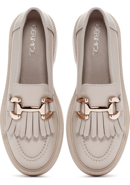 Kadın Krem Püsküllü Deri Casual Loafer 25SFD220018