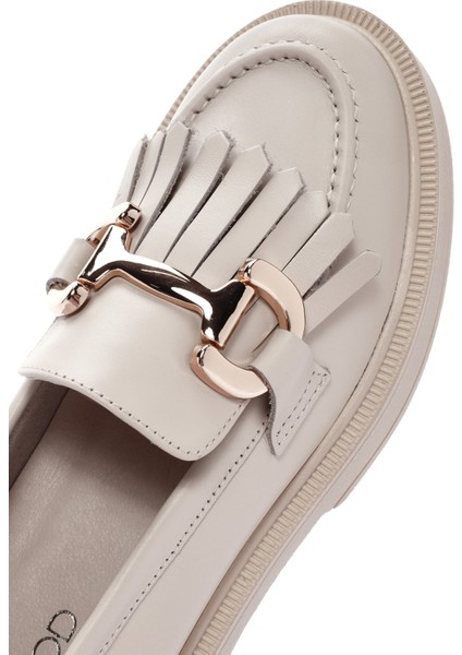 Kadın Krem Püsküllü Deri Casual Loafer 25SFD220018