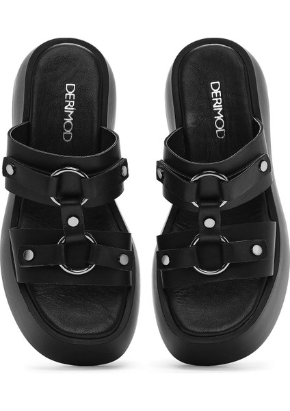 Kadın Siyah Kalın Tabanlı Deri Terlik 25SFD152418