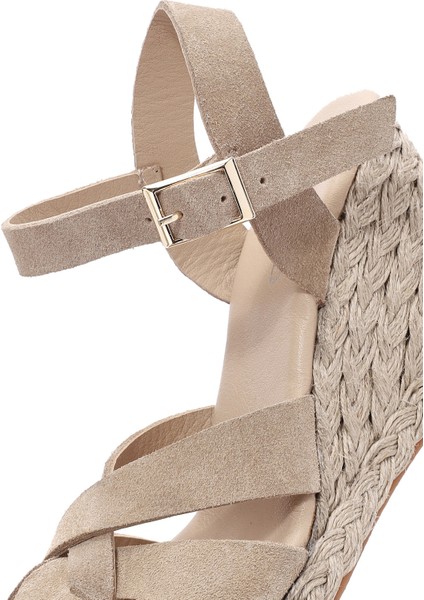 Kadın Krem Bilekten Bağlamalı Dolgu Topuklu Süet Deri Espadril 25SFD153310