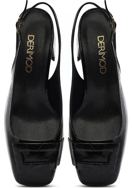 Kadın Siyah Arkadan Bağlamalı Deri Kalın Topuklu Ayakkabı 25SFD182616