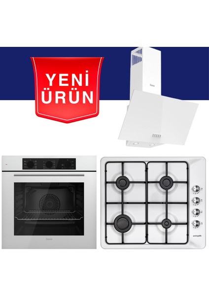 & Eminçelik Beyaz Ankastre Set ( QBL62CB + Eminçelik 3140 WE60 31 221 Ng Emaye Ocak + D087 )