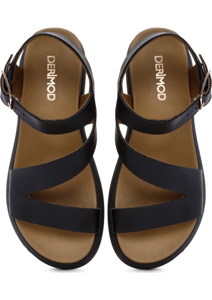 Kadın Siyah Bilekten Bantlı Kalın Tabanlı Deri Sandalet 25SFD550018