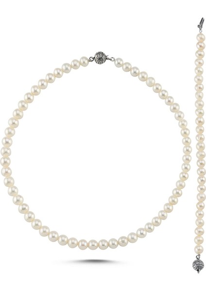 Beyaz Doğal Inci Erkek Kolye Bileklik Set