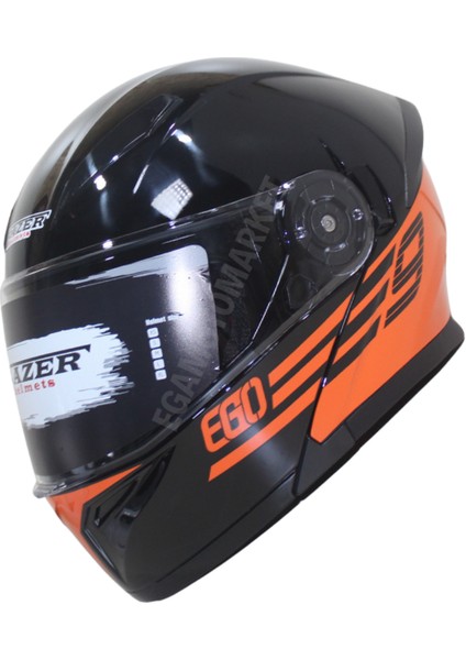 FR-965 EGO29 Glossy Flourosan Red Çene Açılır Kask – Siyah,turunc