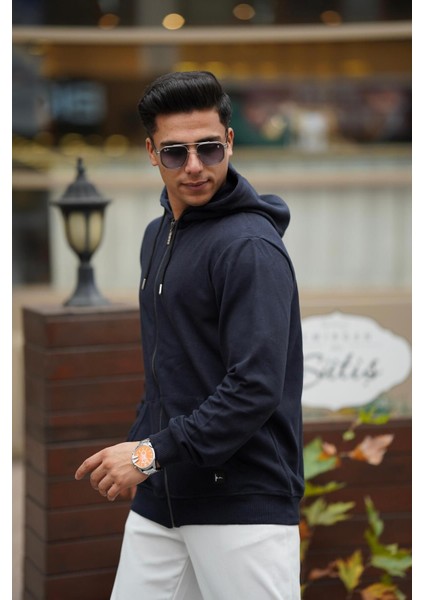 Erkek Yumuşacık Kumaşlı Fermuarlı Nakışlı Kapüşonlu Lacivert Sweatshirt