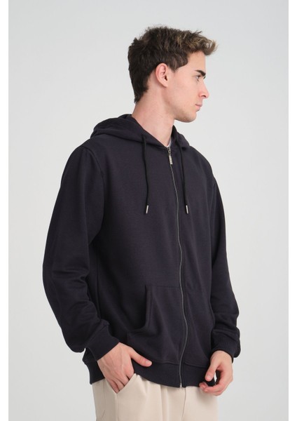 Erkek Yumuşacık Kumaşlı Fermuarlı Nakışlı Kapüşonlu Lacivert Sweatshirt fırsatları