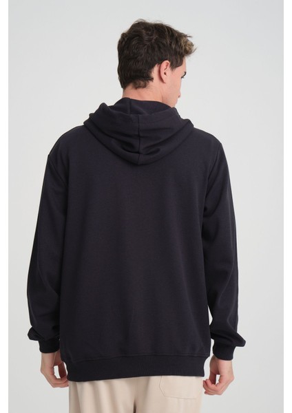 Erkek Yumuşacık Kumaşlı Fermuarlı Nakışlı Kapüşonlu Lacivert Sweatshirt