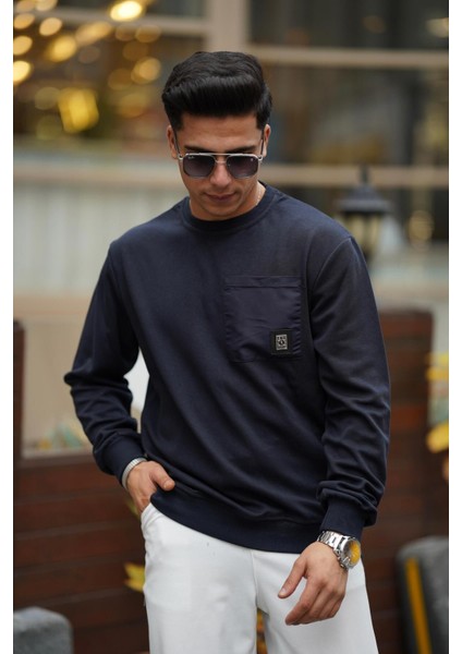 Erkek Yumuşacık Kumaşlı Oversize Fit Yuvarlak Yakalı Lacivert Sweatshirt