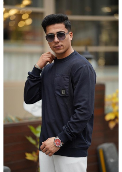Erkek Yumuşacık Kumaşlı Oversize Fit Yuvarlak Yakalı Lacivert Sweatshirt