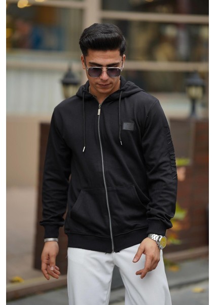 Erkek Yumuşacık Kumaşlı Fermuarlı Nakışlı Kapüşonlu Siyah Sweatshirt