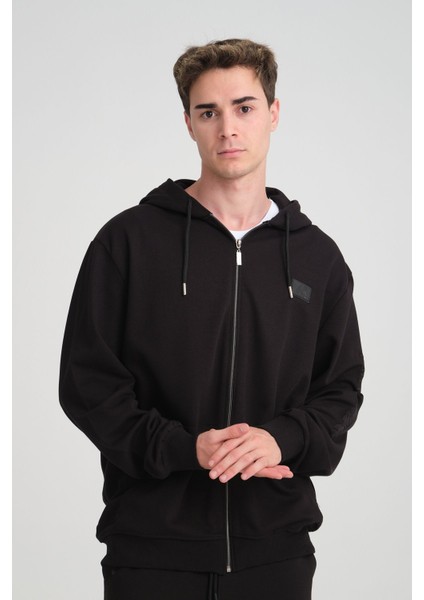 Erkek Yumuşacık Kumaşlı Fermuarlı Nakışlı Kapüşonlu Siyah Sweatshirt fırsatları