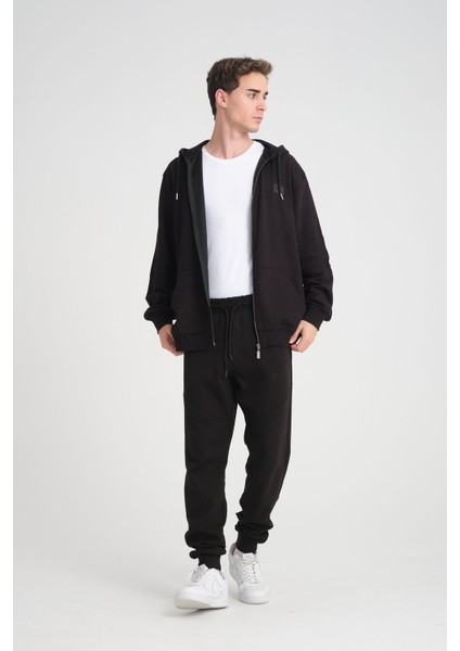Erkek Yumuşacık Kumaşlı Fermuarlı Nakışlı Kapüşonlu Siyah Sweatshirt indirimleri