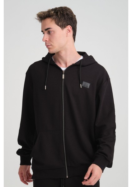 Erkek Yumuşacık Kumaşlı Fermuarlı Nakışlı Kapüşonlu Siyah Sweatshirt