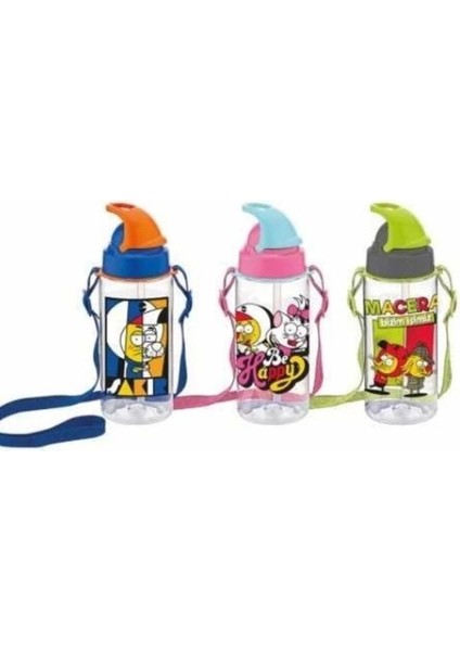 Şakir Desenli, Pipetli, 500 Ml, Şık ve Dayanıklı Tritan Matara, Pembe Renkli.