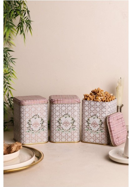 Pembe Kare Metal Saklama Kabı 87X87X125, 3'lü Set, Şık ve Kullanışlı