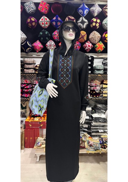 Uygur Kanaviçe Desenli Kapüşonlu Penye Kadın Tunik