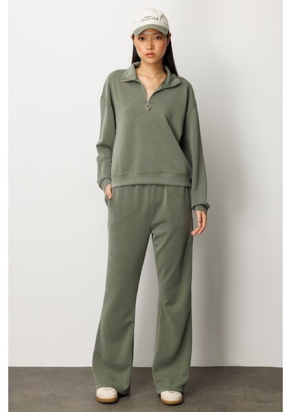 Kadın Modal Uzun Kollu Yarım Fermuarlı Bol Paça Takım