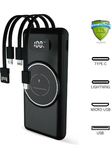 LED Ekranlı Dahili Kablolu 22.5W Hızlı Şarj Destekli 10.000MAH Magsafe 15W Powerbank