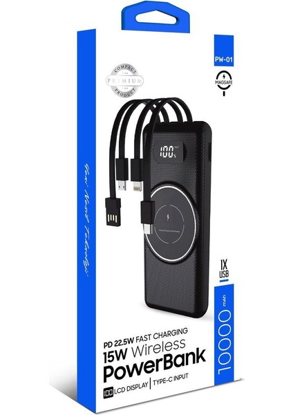 LED Ekranlı Dahili Kablolu 22.5W Hızlı Şarj Destekli 10.000MAH Magsafe 15W Powerbank